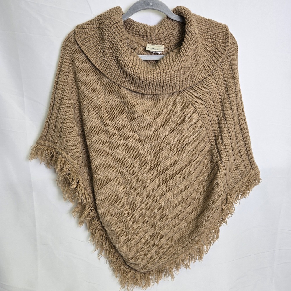 Vermont Country Store Cowl Neck Knit Poncho Shawl, Tan Beige, Missy One Size